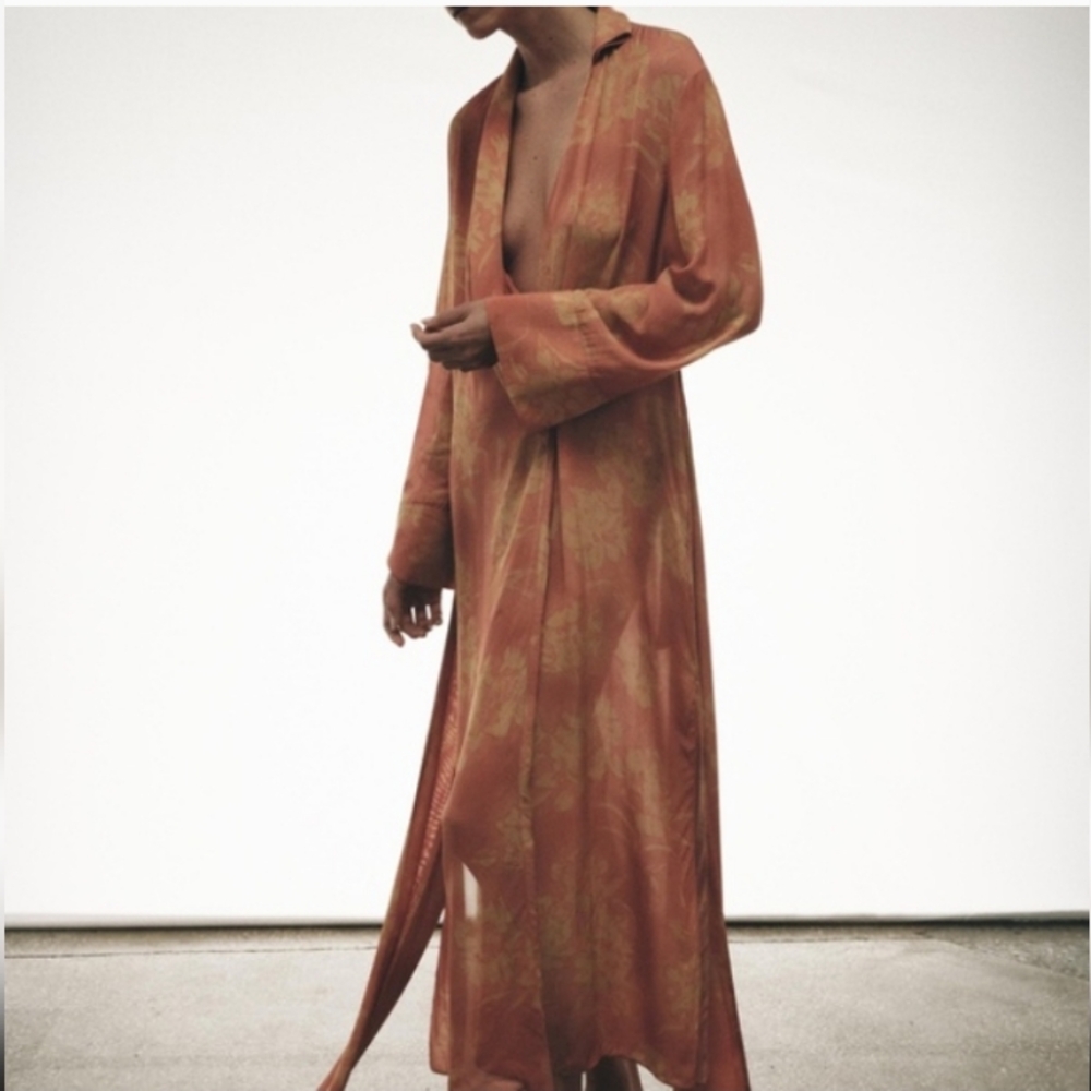 Women's Satin Maxi Wrap Dress - Burnt Orange Floral - Picture 3 of 7